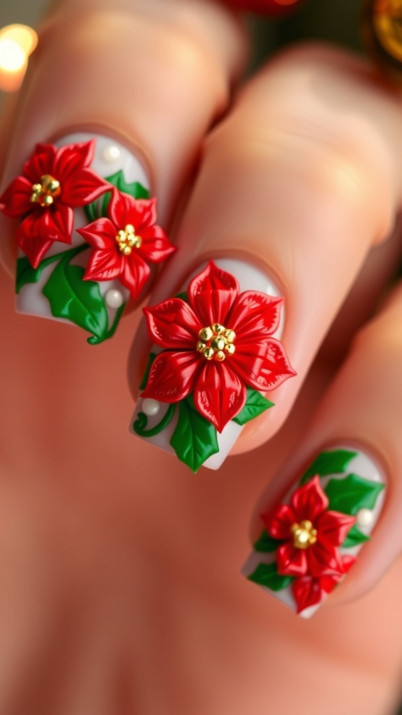 Close-up of Christmas-themed nails with 3D flower designs in red, green, and gold.